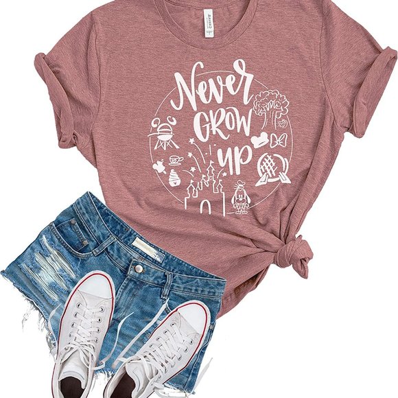 NEW "Never Grow Up" SS T-Shirt Heather Mauve Various Sizes - Picture 2 of 7